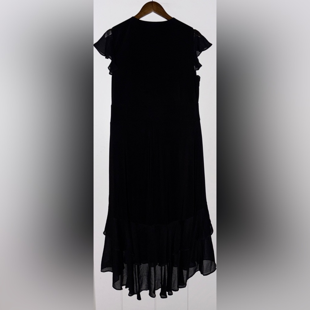 Tommy Hilfiger Chiffon Ruffle Trim V-Neck Midi Black Tiered Dress Women 14 NEW - Picture 3 of 12